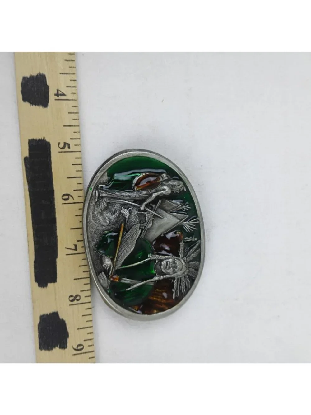 Vintage Bergamot Brass Works Belt Buckle Native Americans 1984 USA Enamel Pewter